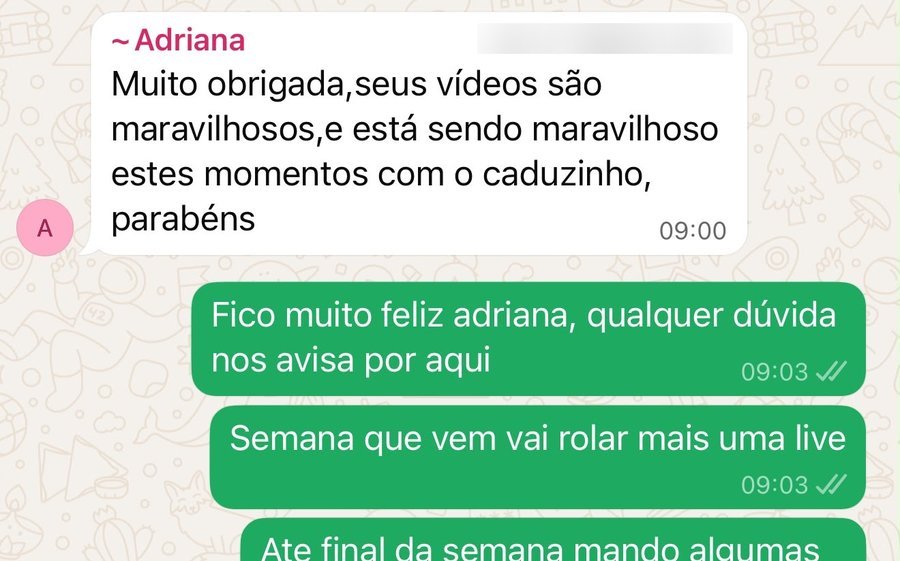 Conversa no grupo: tutora amando o curso e aplicando com o cão