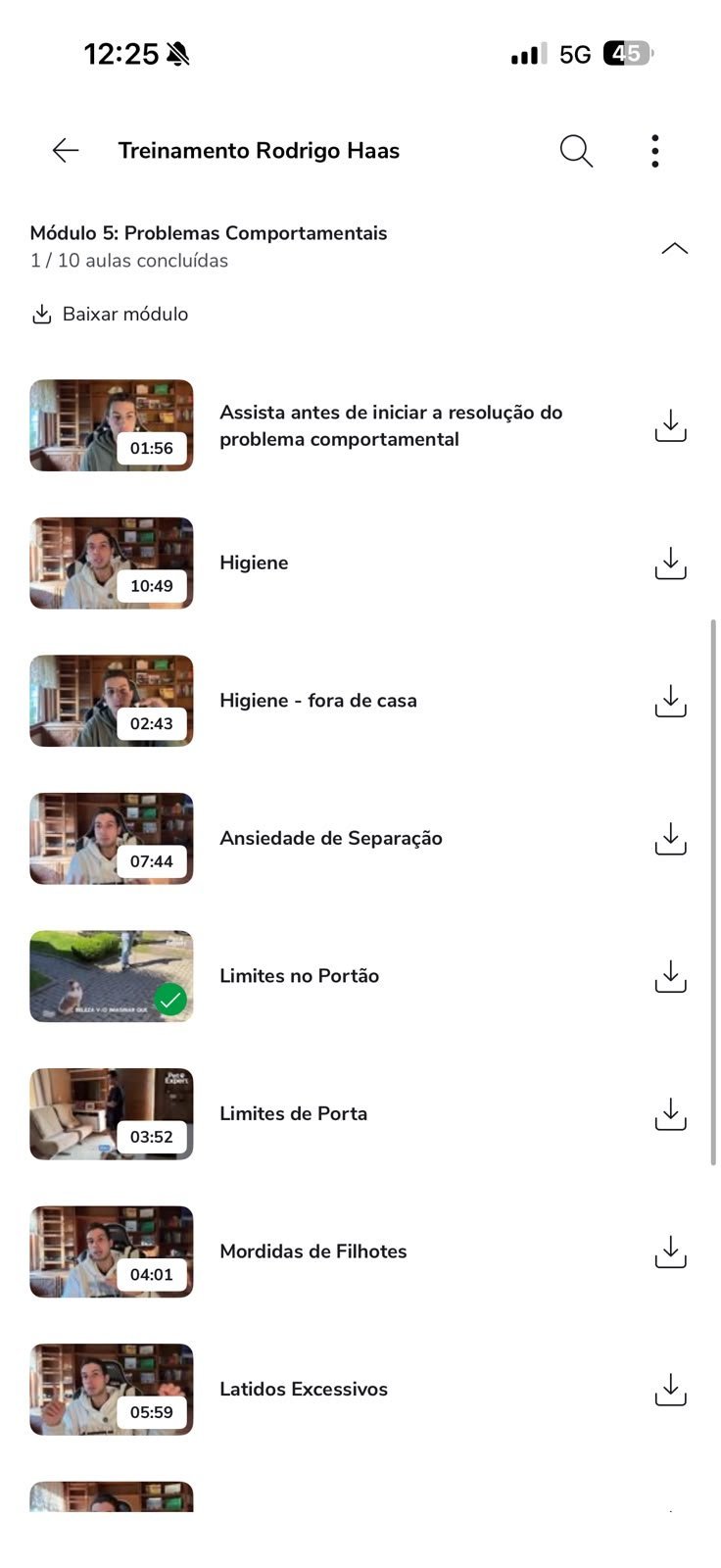 Área de membros do curso aberta no celular