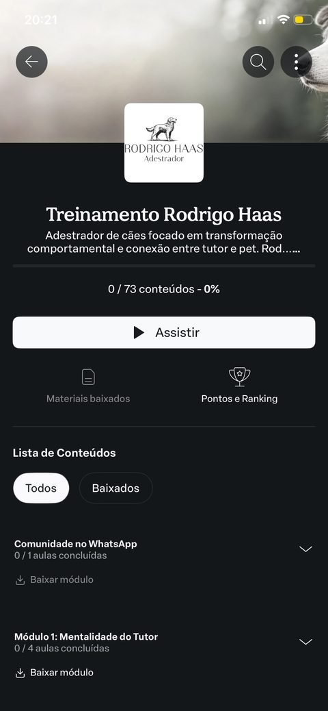 Tela inicial da área de membros do curso, com o progresso e a lista de módulos