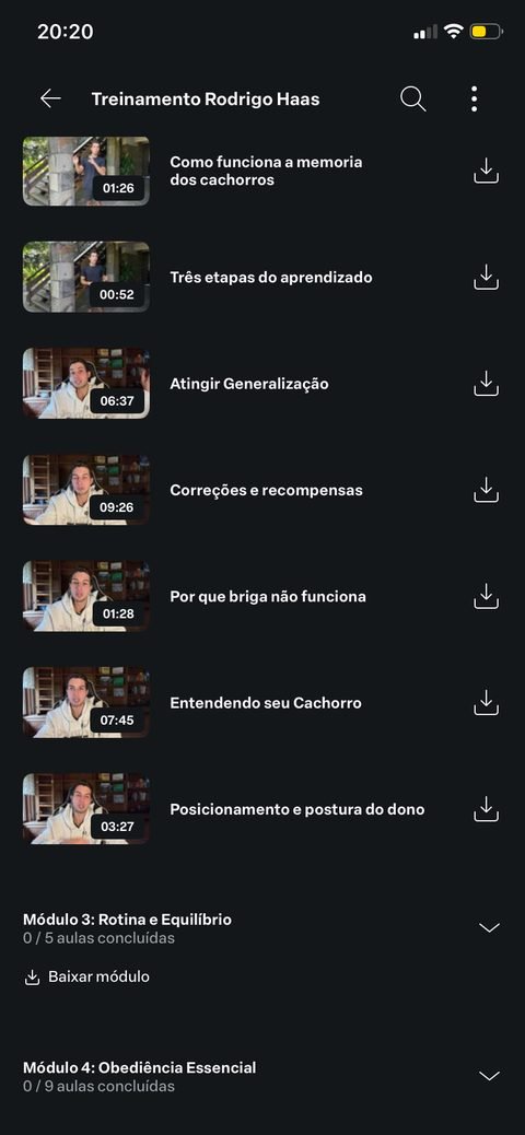 Lista de aulas de um dos módulos do curso dentro da área de membros